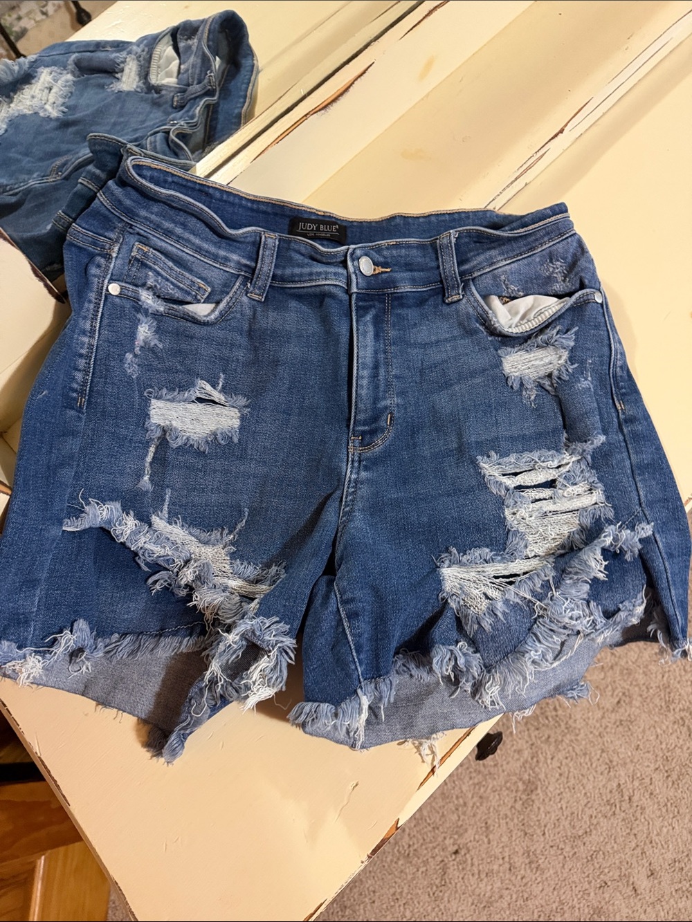 Judy Blue Ripped Dark Blue Denim Shorts with Frayed Hem